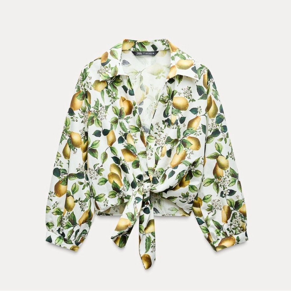 Zara Lemon Patterned Tie-Front Blouse. Brand new with tags